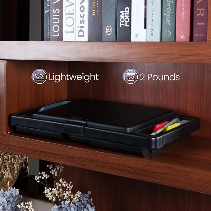 Loddie Doddie Folding Lap Desk & Bed Table - 9.75 x 12 in Black Sturdy Plastic - Portable Desk for Bed with Storage Pocket & Accessory Trays - Laptop Tray & Lap Table for Kids