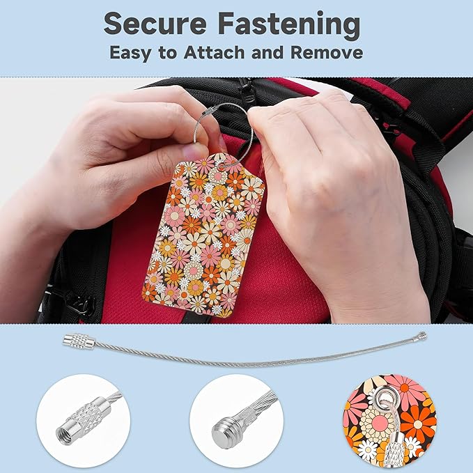 2 Pack Luggage Tag for Suitcase,Vintage Groovy Flowers Leather Suitcase Tags Identifiers with Privacy Name Address Labels and Durable Steel Loop for Women Men Travel