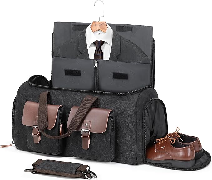 Canvas Garment Bags for Travel, Convertible Carry On Garment Duffel Bag for Men Women, 2 in 1 Suit Bag Hanging Suitcase Business Travel Bag with Shoe Compartment (Black, XL)