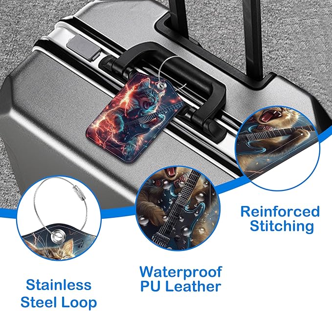 Cat Playing Electric Guitar Luggage Tags for Suitcases Leather Travel Tags for Luggage ID Label with Privacy Cover and Stainless Steel Loop for Men Women Suitcase Backpack, Set of 2