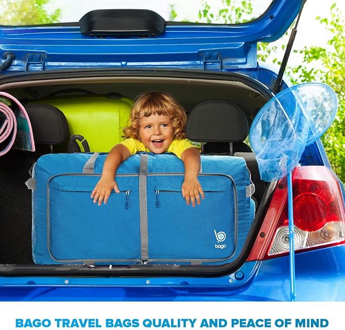 Bago Large Foldable Duffel Bags for Traveling Women & Men - 100L Packable Duffle Bag for Travel with Shoe Compartment - Water Repellant, Heavy Duty, Lightweight Folding & Collapsible (Blue)