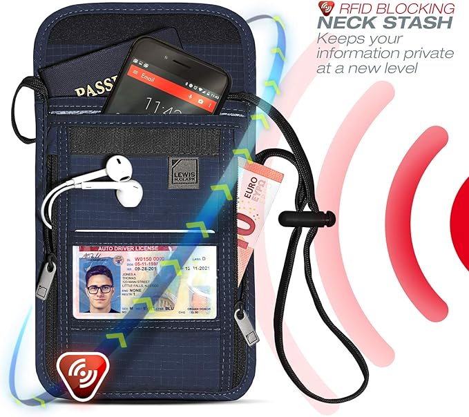 Lewis N. Clark RFID Blocking Stash Neck Wallet, Travel Pouch + Passport Holder for Women & Men, Navy, One Size