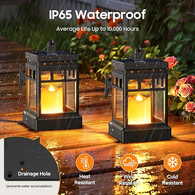 KOOPER Solar Lanterns Outdoor Waterproof, 2 Modes Hanging Solar Lantern with LED Realistic Flickering Flameless Candle, Candles Lanterns Lights Decorative for Outside Hanging Patio Yard Table Tree