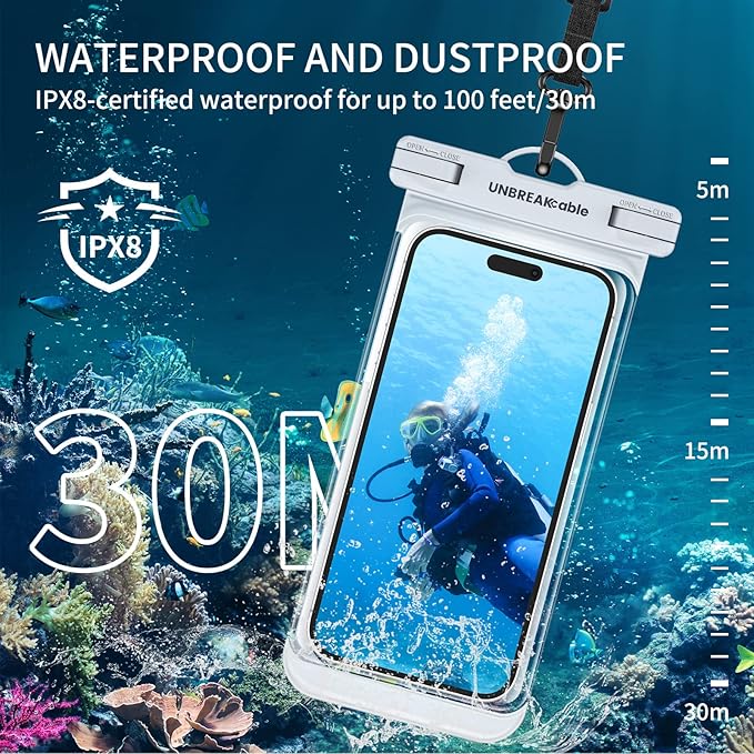 UNBREAKcable Waterproof Phone Pouch-2 Pack IPX8 Waterproof Phone Case for iPhone 16 15 14 13 12 11 Pro Max & Samsung S25 S24-Dry Bag & Travel Essentials for Beach, Pool, Kayak & Cruise-7" Pink+White