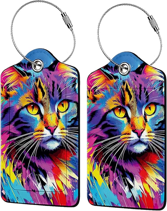 Colorful Cat 2 Pack Luggage Tag for Suitcase, Leather Bag Tags Identifiers Privacy Cover ID Label with Steel Loop for Women Men Kids Girls Travel