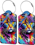Colorful Cat 2 Pack Luggage Tag for Suitcase, Leather Bag Tags Identifiers Privacy Cover ID Label with Steel Loop for Women Men Kids Girls Travel