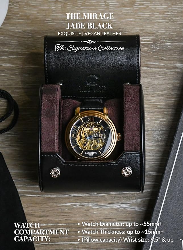 Single Watch Roll Travel Case - Watch Travel Case - Jade Black with Mahogany Interior- Swiss Motif Vegan Leather