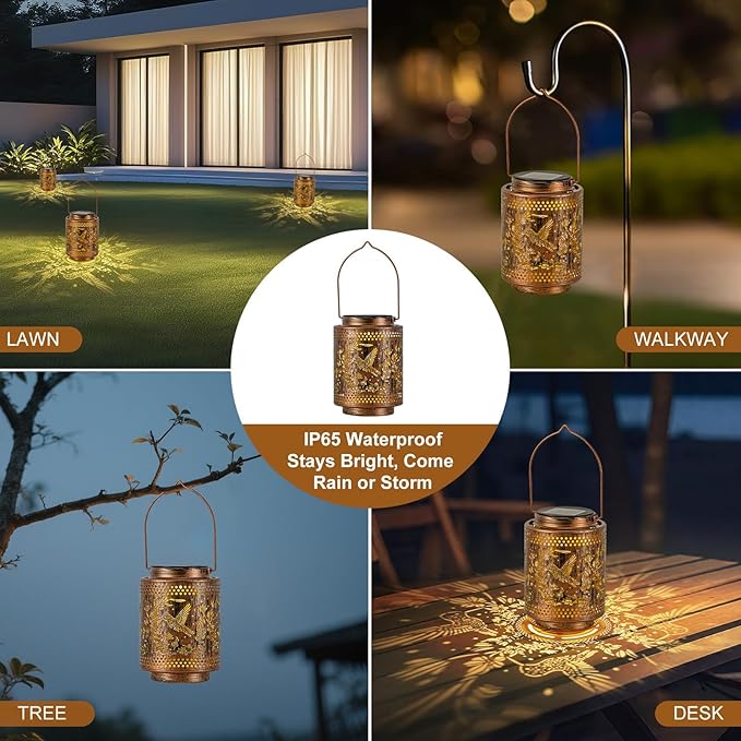 2 Pack Solar Lanterns Outdoor Waterproof Hummingbird and Iris Hanging Garden Lights with Metal Build Decorative Warm Light Solar Lamps for Patio Yard Gifts for Women