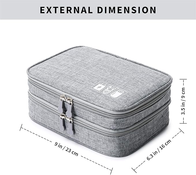 MIRLEWAIY Portable Electronics Accessories Organizer Bag Travel Charger Cable Storage Soft Case Double Layer for Hard Drives, Cord, USB, SD Cards Carrying, Grey