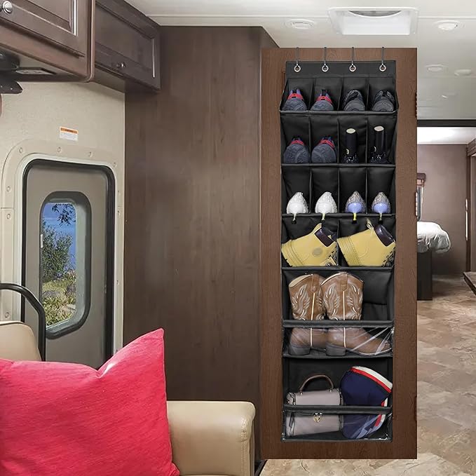 Over The Door Shoe Organizer with Large Deep Pockets Door Shoe Rack for Narrow Door Hanging Multifunction Shoe Holder for Dorm Closet Door, Black 16 Pockets