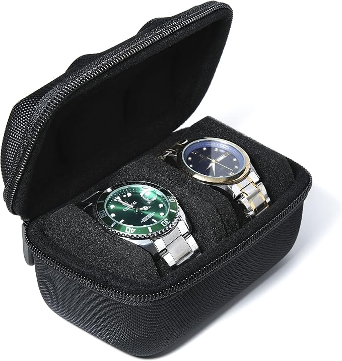 2 slot Hard Watch Travel Case, Watch Roll Case Storage and Organizer for Men and Women, with anti-move watch pillow (Black fabric 2 slot)