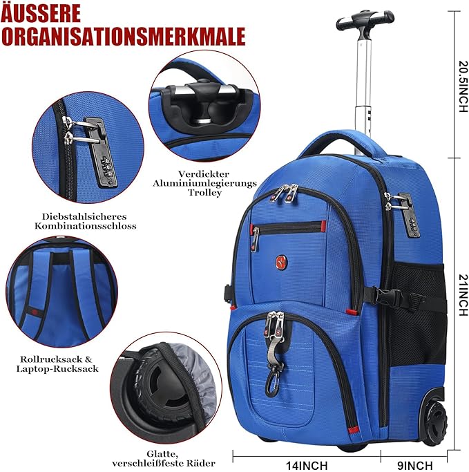 star cloud 21x14x9 Rolling Backpack with Wheels - Water-Resistant, 17.3" Laptop Compartment, Ideal Carry-On for Overnight Travel, College, Work - Wheeled Business Backpack for Adults (Blue)