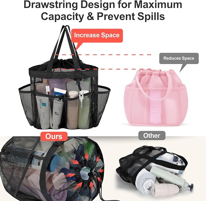 F-color Mesh Shower Caddy Portable with Drawstring - Upgrade Deeper 7 Pockets Dorm Room Essentials for Guys Girls with S Hook, Shower Bag Basket Tote for College Camping Bathroom, 2 Pack Black