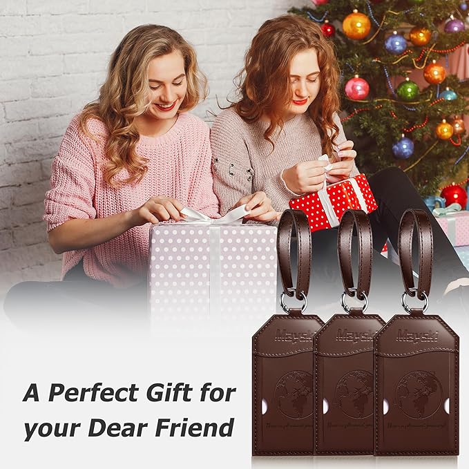 Mayski Luggage Tags for Suitcases 3 Pack Suitcase Bag Tags, TSA Approved, Metal Buckle, Bag Tags with Name ID Card Travel Essentials, Brown Global