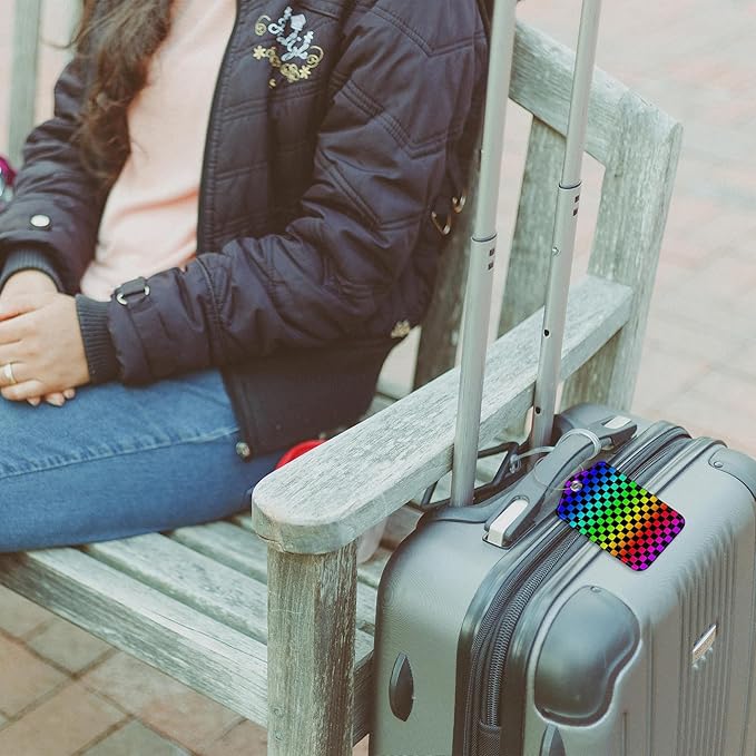 2 Pack Luggage Tags Rainbow Squares and Checkered Flag PU Leather Baggage Tag with Privacy Cover Stainless Steel Loop and Name ID Card for Men Women Travel Bag Luggage Accessories