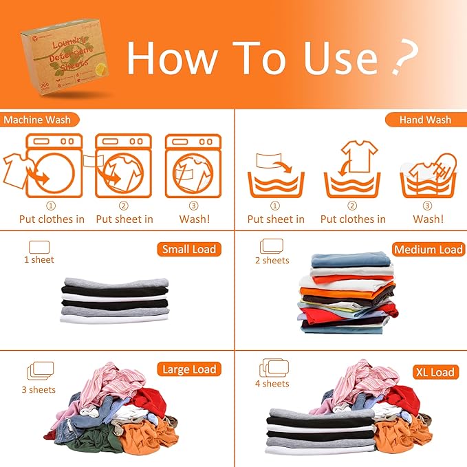 Freelivity Laundry Detergent Sheets, 300 Sheets Lemon Orange - Eco-Friendly Hypoallergenic Plastic-Free LiquidLess Clothes Washing Detergent Supplies for Save Space Travel Camping