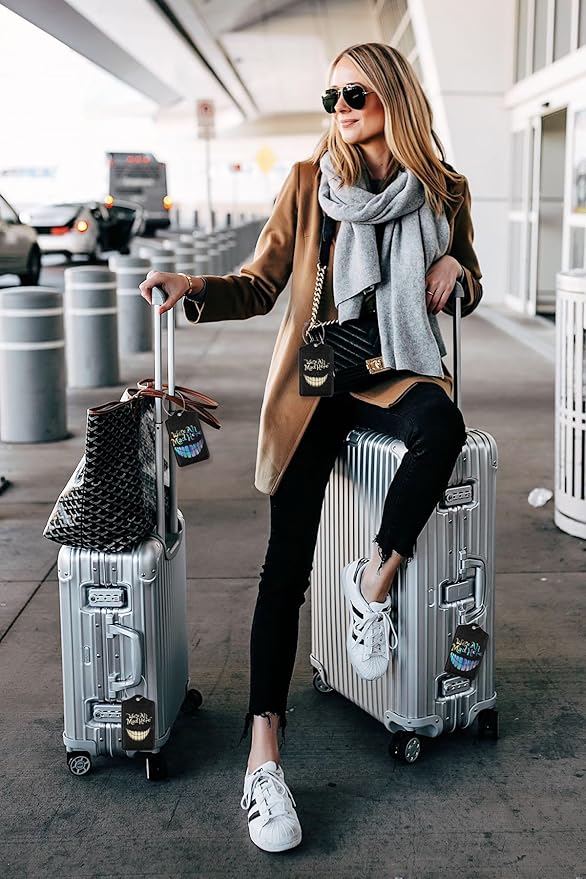 2 Pack Luggage Tags for suitcases Funny Cute Smiley Face We're All Mad Here Luggage Tag, Leather Stainless Steel Loop Label Tag for Men Women Travel Bag Suitcase(Smiley)