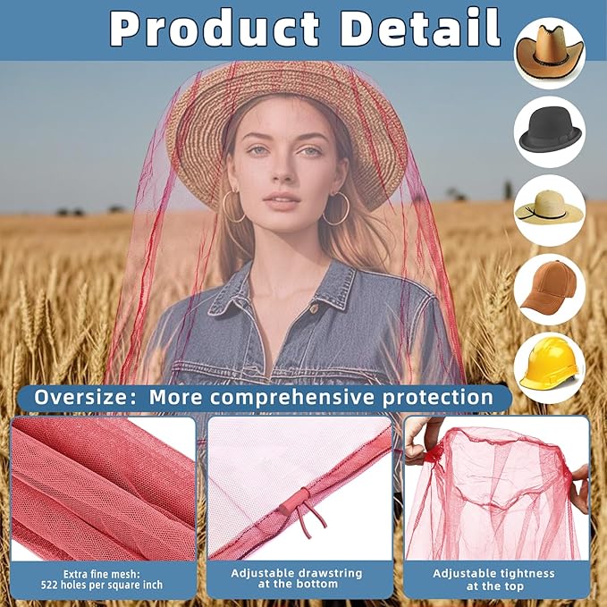 Oversized Mosquito Net 42 x 25 Inches Ultra Large Mosquito Head Net Face Neck Fly Mesh Netting Fits All Hats for Outdoor Camping Hiking Fishing Gardening Safari(Pink)