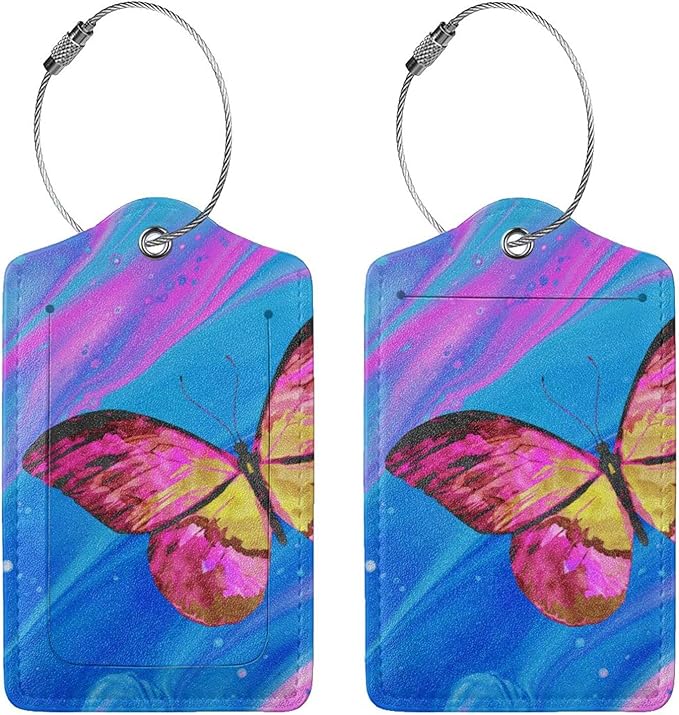 2 Pack Luggage Tag for Suitcase, Cute Unique Leather Suitcase Tags Identifiers with Privacy Name Address Labels & Durable Steel Loop for Women Men Travel
