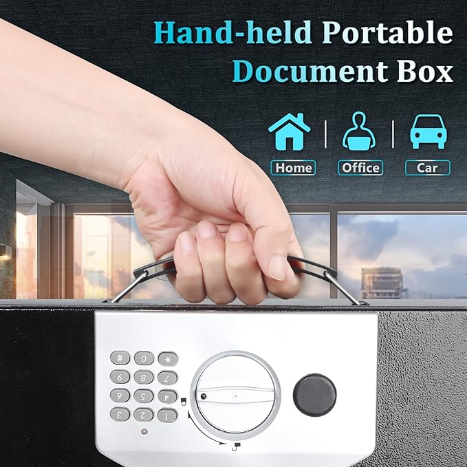 Dalmbox Portable Metal Safe Box with Digital Code Lock,Fire Resistant Storage for Documents, Fireproof Safe Box, Car, Home, Office and Outside, Black Box