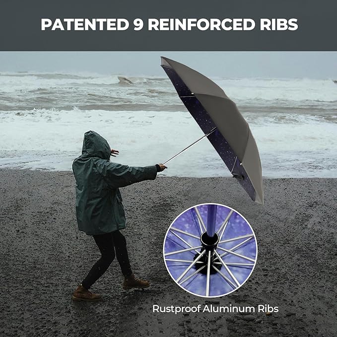 Compact Inverted Travel Umbrella, Automatic Open Close, 9-Rib 46 Inch Windproof Umbrella, Waterproof UPF 50+, Portable Umbrellas for Men, Women, Travel, and Daily Use