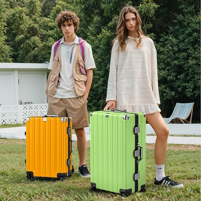 Krute Checked Aluminum Frame Suitcase 24 Inch Zipperless Luggages Hardside PC Luggage With Spinner Wheels TSA Lock USB Charger Suitcases(1 Piece)