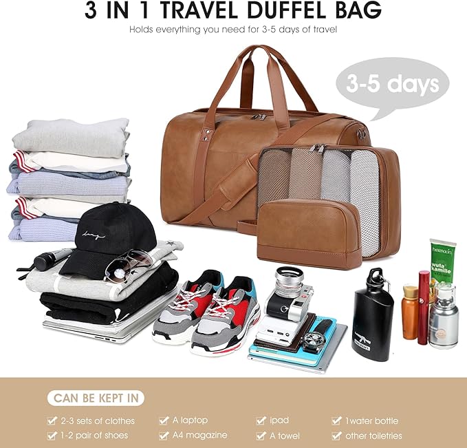 Wogarl 3PCS Leather Weekender Bag for Women Men Large Overnight Bag Travel Duffel Bag with Shoe Compartment Toiletry Packing Cube Carry On Bag Fit 21"" Laptop(Light Brown), YT042