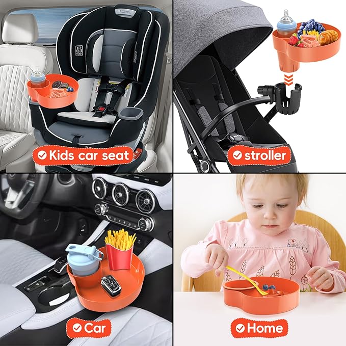 [2 Packs] Kids Car Seat Tray, Travel Tray with Cup Holder for Toddler Baby, Kids Car Seat Food Snack Organizer for Road Trip, Stroller snack Organizer Travel Must Haves Toddler Must Haves (Orange)