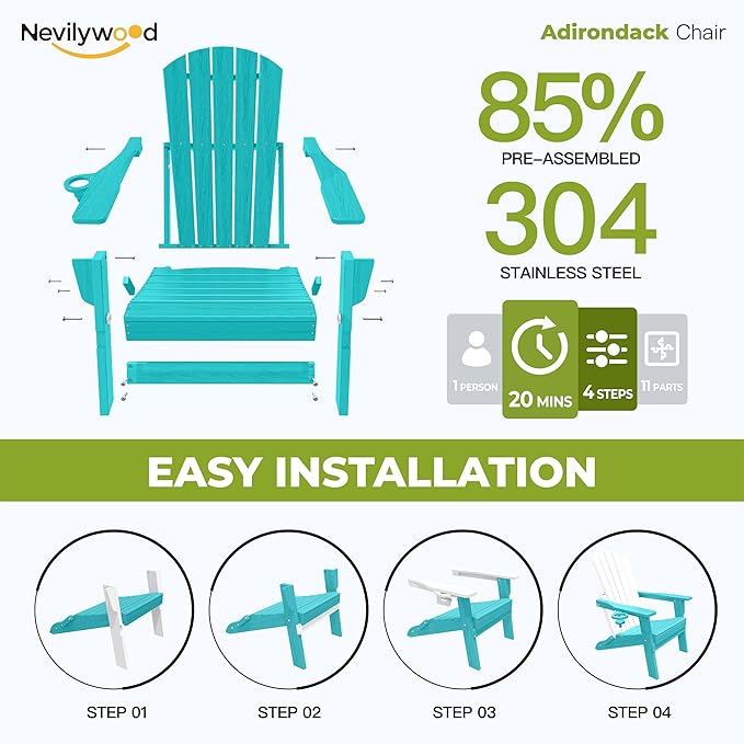 Folding Adirondack Chair - Extended Ergonomic Backrest, Cup Holder - Easy Assembly - Durable HDPE Plastic, Weather Resistant & Maintenance-Free - Lawn, Patio, Deck Supports 400lbs Aruba