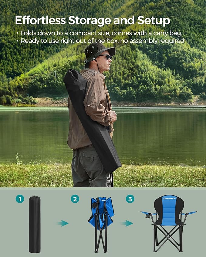 SONGMICS Folding Camping Chair, with Comfortable Sponge Seat, Cup Holder, Heavy Duty Structure, Max Load Capacity 551 lb, Outdoor Picnic Chair, Blue and Black UGCB06BU