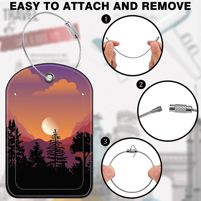 Abstract Mountain Forest Moon Leather Luggage Tag for Suitcase 2 Pack Luggage Tag with Privacy Name ID Label and Stainless Steel Loop for Travel Bag Suitcase