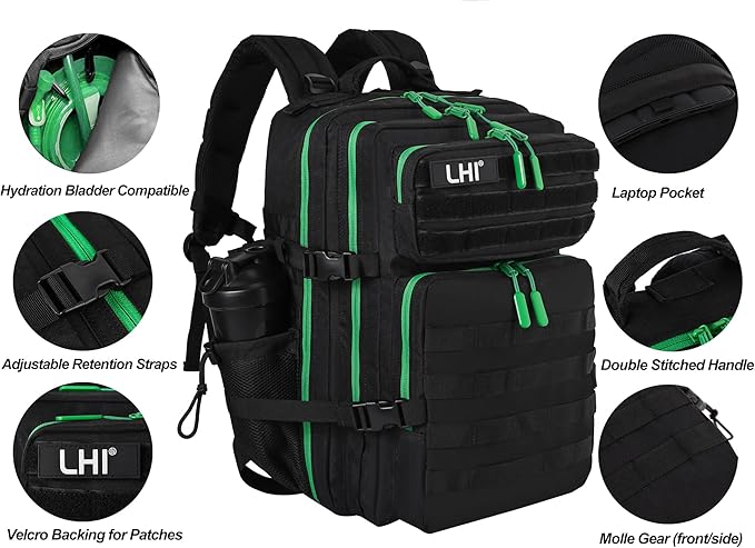 LHI Military Tactical Backpack for Men and Women 45L Army 3 Days Assault Pack Bag Large Rucksack with Molle System - Black with green zipper