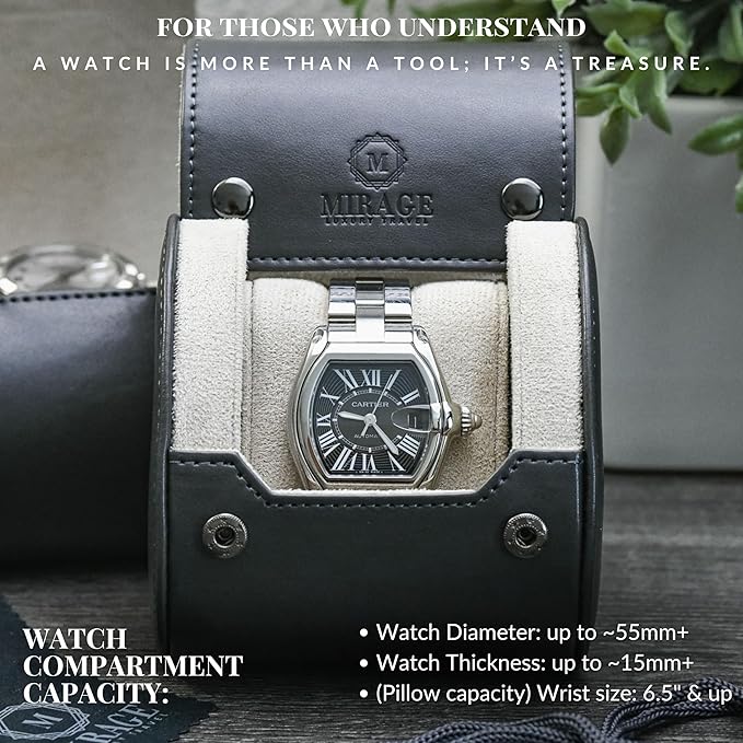 Gray/Ivory - 1 Watch Travel Case for Men - Single Watch Case Storage - Gift Idea Travel Accessory - Slate Gray/Ivory - Mirage Watch Roll Cases Vegan Leather