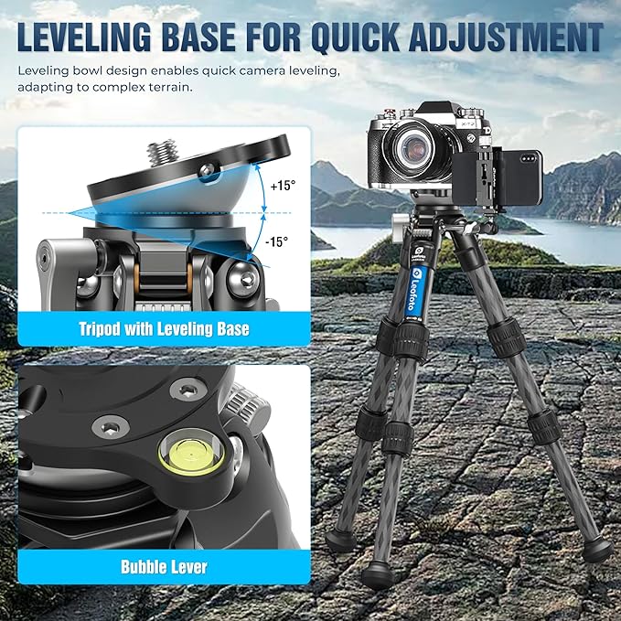 Carbon Fiber Mini Tabletop Tripod with Leveling Base for Camera, 360° Rotating Portable Tripod with 3/8" Screw for DSLR/Phone Holder/Projector, A Bubble Level, Folded Length 8.54", Max Load 11LB