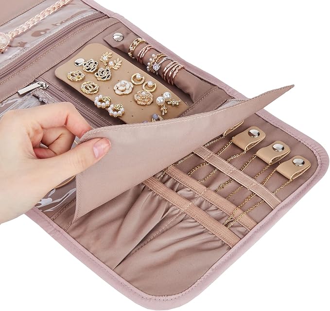 BELALIFE Travel Jewelry Case Organizer, Foldable Storage Roll for Earrings, Necklaces, Rings, Bracelets, Brooches, Pink