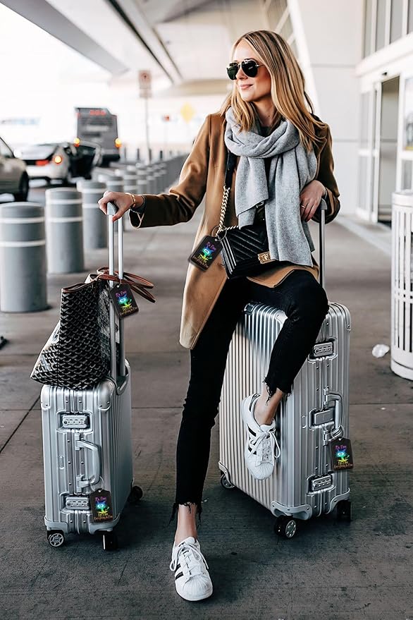 2 Pack Luggage Tags for suitcases Cute Funny I'm Fine It's Fine Color Luggage Tag, Leather Stainless Steel Loop Label Tag for Men Women Travel Bag Suitcase（Black Laser）