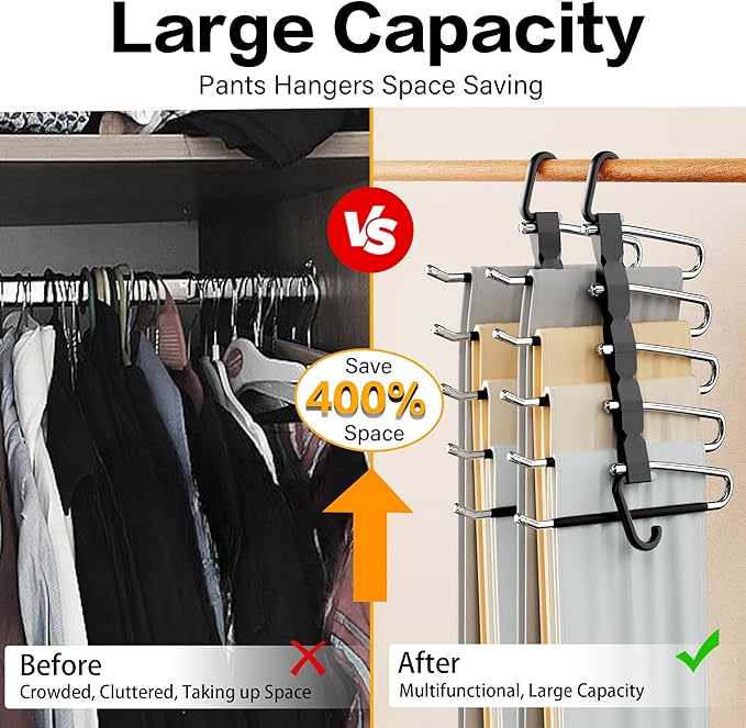 Pants Hangers Space Saving - 4 PCS Closet Organizer and Storage Jean Hangers, Stainless Steel Anti-Slip Clothes Hanger Scarf Holder Pants for Jeans Leggings Trousers Rack for Back to School, Black