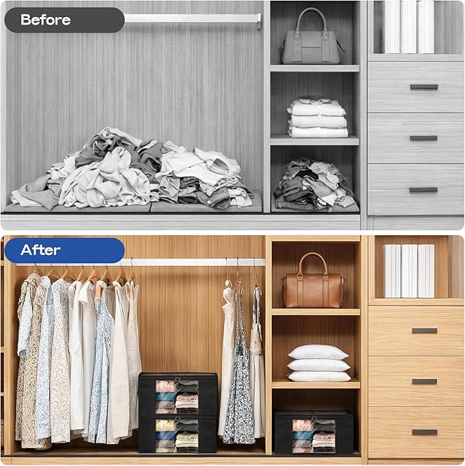 Clothes Storage Bags, Foldable Thick Fabric Blanket Storage Bags, Large Clear Window & Carry Handles, Great for Clothes, Blankets, Closets, Pillows, Toys (Black, 6PACK)