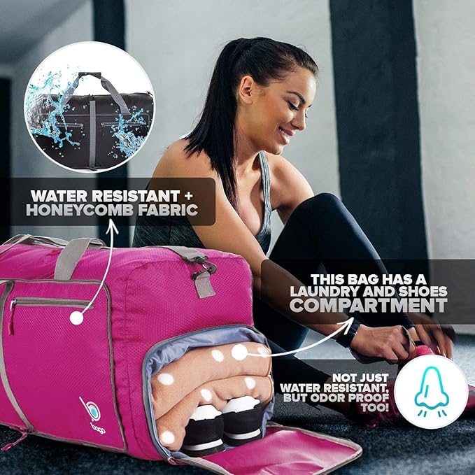 Bago Large Foldable Duffel Bags for Traveling Women & Men - 80L Packable Duffle Bag for Travel with Shoe Compartment - Water Repellant, Heavy Duty, Lightweight Folding & Collapsible (Pink)