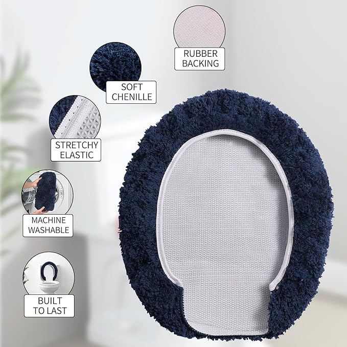 Microfiber Elongated Toilet Seat Cover 19.5"x 15" Machine Washable Solid Toilet Lid Cover Adjustable Rubber Backing Fits Most 18-19.5" L x 14-16" W Elongated Toilet Seat