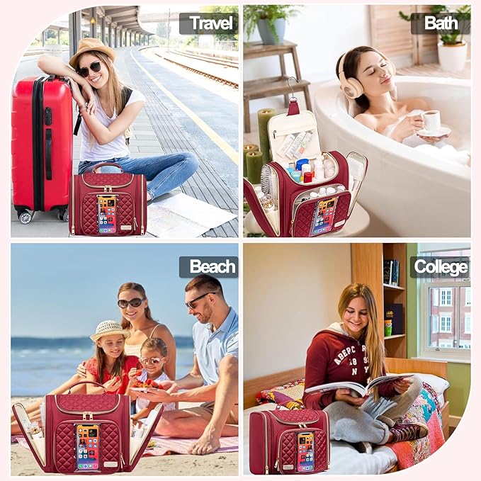 Travel Toiletry Bag for Women, Hanging Toiletry Bag, Bathroom Bag Portable Shower Caddy for College Dorm Travel Shower Bag for Women Water-Resistant Cosmetic Makeup Bag (Red)