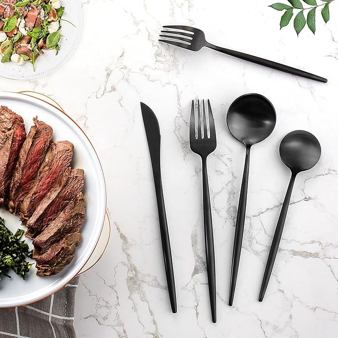 Silverware Set for 8, IBIILII JEFF 40 Pieces Stainless Steel Flatware Set，Matte Black Kitchen Utensil Set, Tableware Cutlery Set, Spoons And Forks Set, Satin Finished Polished & Dishwasher Safe