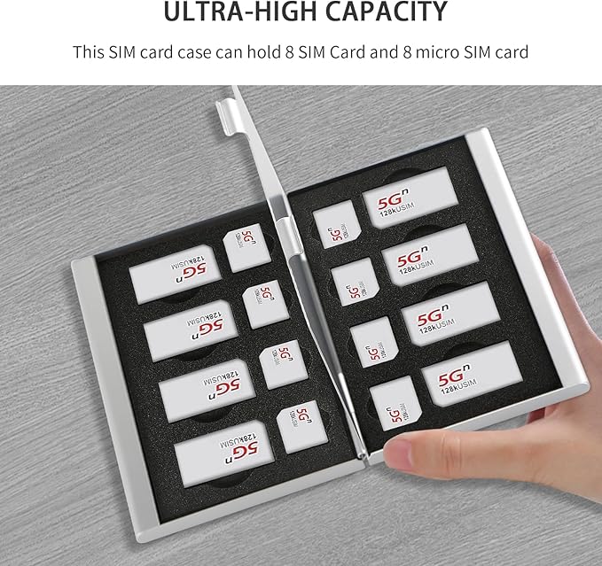 Aluminum SIM Card Case, 16Slots Ultrathin SIM Card Holder, Fit for 8 SIM Card, 8 Micro sim Card, Silver