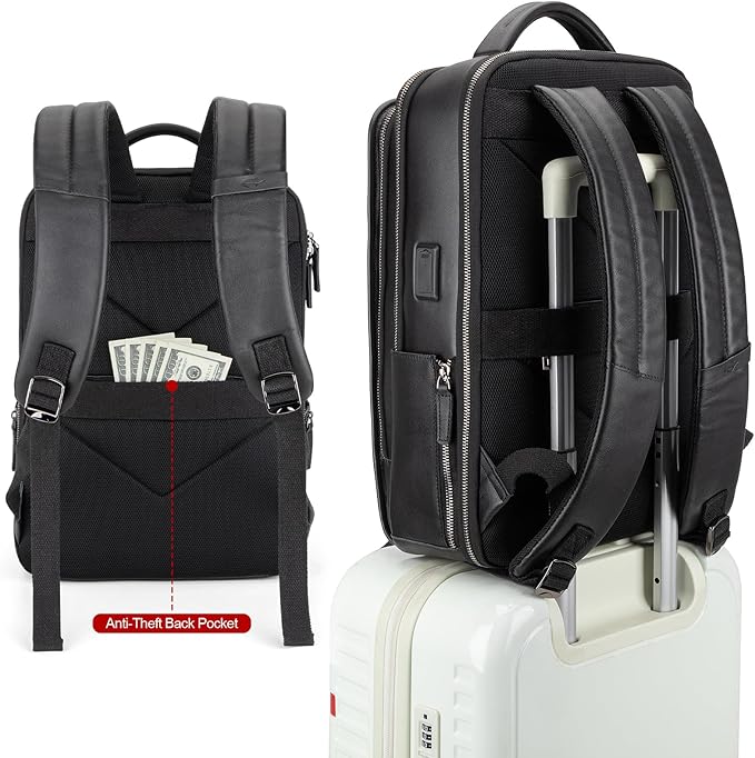 Tzowla Leather Laptop Backpack, Bag for Men and Women,Business Travel Work Rucksack Fits 15.6 Inch Laptop,Bookbag with USB and Type-C Charging Port-Black