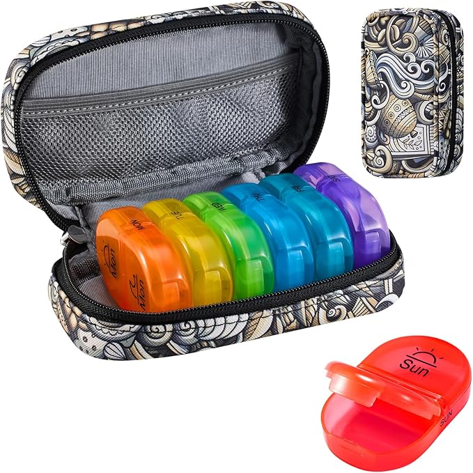 Serfeymi Weekly Travel Pill Organizer 2 Times A Day AM PM Upgraded Rainbow Pill Box 7 Day with Portable Zipper PU Leather Pill Case, Medicine Organizer for Pills, Vitamins, Fish Oils - Brown 03