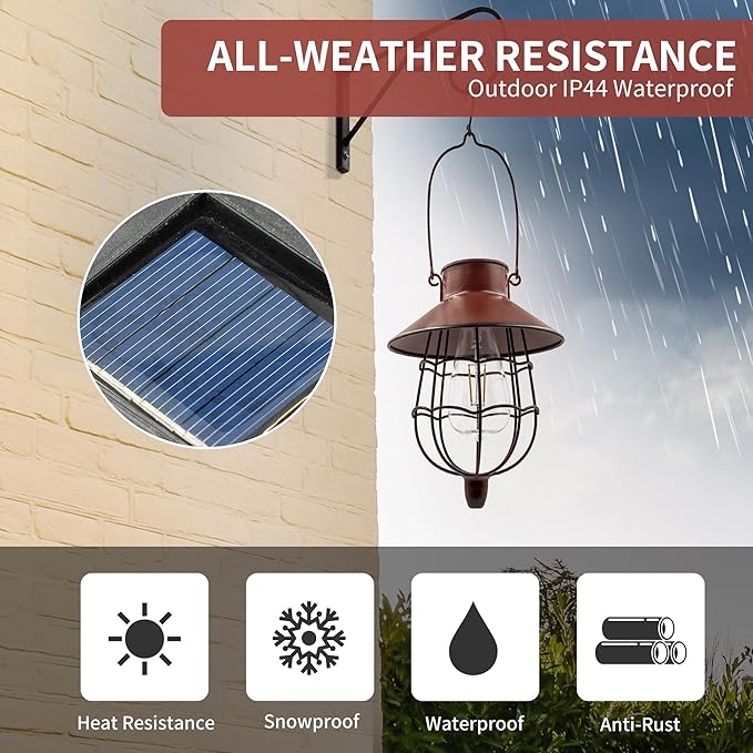 2 Pack Solar Lanterns Outdoor Waterproof Hanging Solar Lights with Vintage Metal Warm White Light Edison Bulb Design, Decorate for Garden Yard Porch and Christmas (Red)