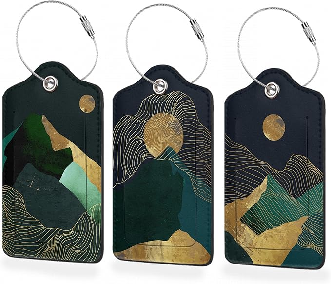 3 Pack Luggage Tag for Suitcase,Green Gold Abstract Mountains Moon Leather Luggage Tags with Privacy Cover Name ID Label Identifiers Travel Bag Tags for Women Men Boys Girls