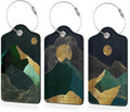 3 Pack Luggage Tag for Suitcase,Green Gold Abstract Mountains Moon Leather Luggage Tags with Privacy Cover Name ID Label Identifiers Travel Bag Tags for Women Men Boys Girls