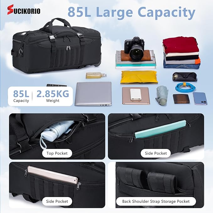 Tactical Travel Duffle Bag with Wheels and Handle 3 in 1 Large 85L XL Rolling Travelling Backpack Waterproof Oxford Carry On Hand Luggage Deployment Bags with Combination Padlock, Khaki