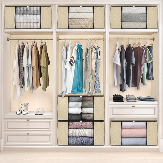 Fab totes 24 Gallons Clothes Storage, Foldable Thick Fabric Blanket Storage Bags, Containers for Organizing Bedroom, Closet, Clothing, Comforter, Organization with Handle (10 Pack,Beige)